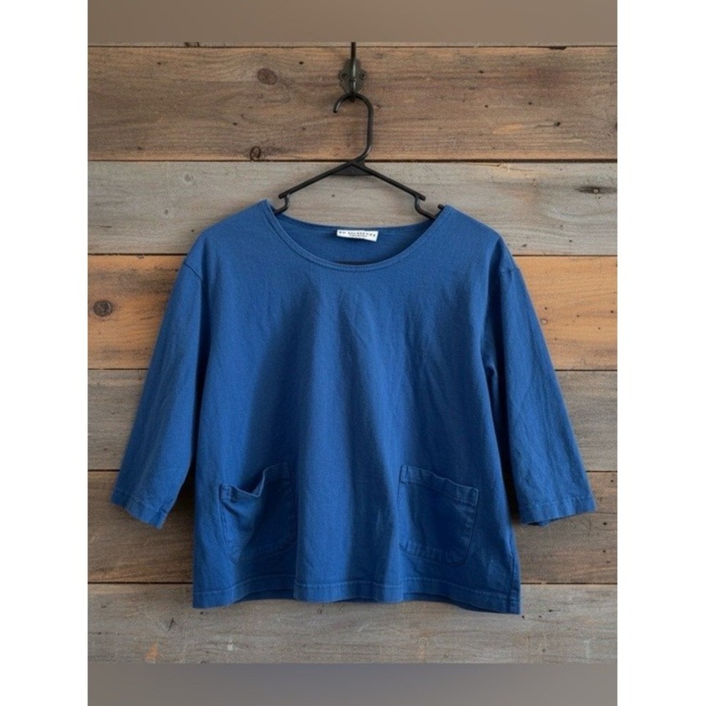 Bryn Walker Cropped Blue Cotton Pocket Top Effortless Artsy Boxy Fit Size Small